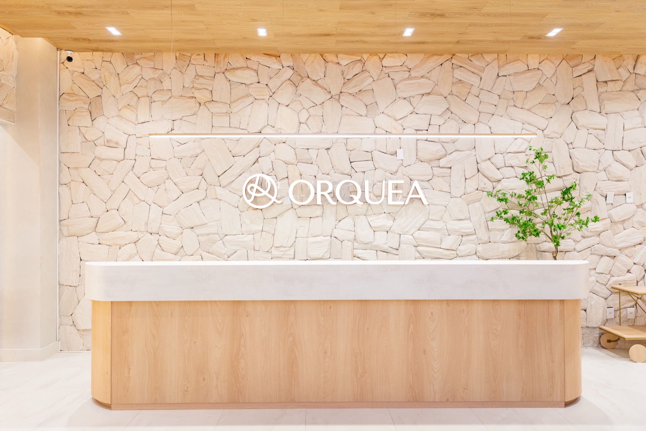 Recepção com parede de pedra e logo ORQUEA